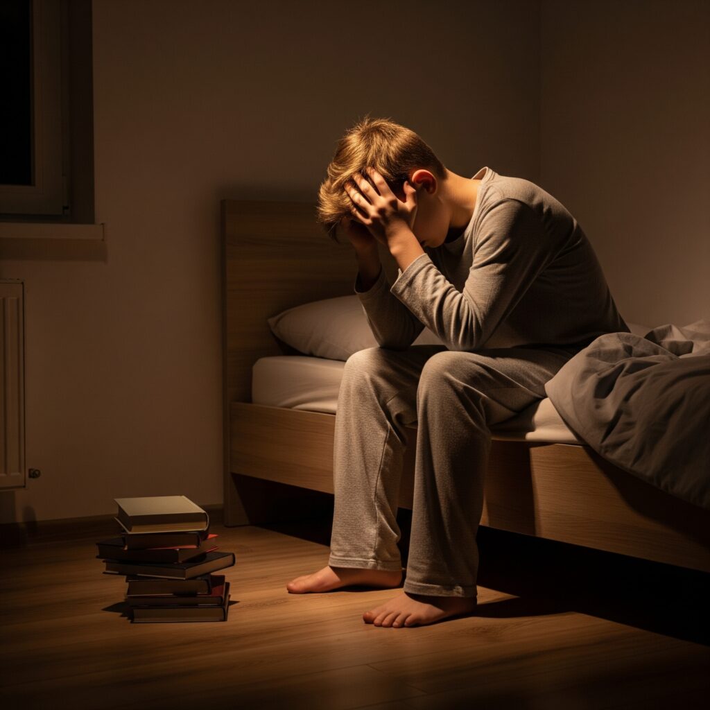 Ένας έφηβος καθισμένος στο κρεβάτι του κρατάει το κεφάλι του με τα δύο του χέρια